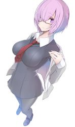 Rule 34 | 1girl, breasts, bun (hiyokomame), fate/grand order, fate (series), full body, hair over one eye, light smile, looking at viewer, mash kyrielight, medium breasts, necktie, pantyhose, purple eyes, purple hair, short hair, simple background, skirt, solo, white background