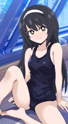 Rule 34 | 1girl, barefoot, black hair, blue one-piece swimsuit, blush, bright pupils, brown eyes, closed mouth, feet, foot out of frame, frown, girls und panzer, hairband, highres, indoors, knee up, legs, long hair, looking at viewer, old school swimsuit, one-piece swimsuit, ponzu rui, rei no pool, reizei mako, school swimsuit, sitting, solo, swimsuit, toes, white hairband, white pupils