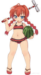 Rule 34 | 1girl, ahoge, bare arms, bare legs, bare shoulders, bikini, bow, bow bikini, bow swimsuit, braid, chibi, closed mouth, commentary, copyright request, english commentary, flat chest, flip-flops, food, frilled bikini, frills, fruit, full body, graf eisen, hair between eyes, hair intakes, hammer, highres, holding, legs apart, long hair, looking at viewer, lowleg, lowleg bikini, lowleg swimsuit, lyrical nanoha, navel, novcel, object request, parted bangs, pink bow, red bikini, red footwear, red hair, sandals, simple background, smile, solo, standing, swimsuit, tankini, tsurime, twin braids, vita (nanoha), watermelon, white background, wide hips