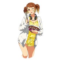 Rule 34 | 1girl, blush, bowl, brown eyes, brown hair, coat, hair ornament, headphones, headphones around neck, heart, heart hair ornament, holding, crossed legs, long sleeves, looking at viewer, messy, nose blush, official art, olive oppert, one eye closed, open clothes, open coat, short twintails, solo, super robot wars, super robot wars x-omega, transparent background, twintails, unbuttoned, watanabe wataru (character designer)