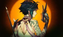Rule 34 | 1boy, arm tattoo, back, bead necklace, beads, black hair, closed mouth, from behind, genshin impact, gloves, green hair, highres, holding, holding mask, jewelry, looking at viewer, male focus, mask, multicolored hair, necklace, orange eyes, polearm, single sleeve, solo, tattoo, togatamaki, upper body, weapon, xiao (genshin impact)