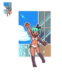 1girl arm_up bikini black_bow blue_eyes blue_hair blue_sky bow cloud cumulonimbus_cloud day hair_bow lens_flare omunikin one_eye_closed open_mouth original outline pixel_art short_hair side-tie_bikini_bottom sky solo standing standing_on_one_leg summer swimsuit tan waving white_bikini white_outline