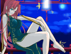 Rule 34 | 1girl, bad feet, barefoot, blue eyes, braid, breasts, chinese clothes, hong meiling, long hair, monety, nunchaku, open mouth, red hair, ribbon, simple background, sitting, sketch, solo, touhou, twin braids, weapon