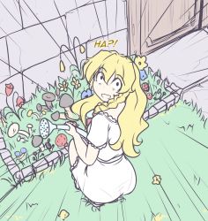Rule 34 | 1girl, :d, alternate costume, ass, black eyes, blonde hair, blue flower, braid, brick wall, commentary, constricted pupils, door, dress, emphasis lines, english commentary, english text, flat color, flower, from behind, grass, hair between eyes, hater (hatater), highres, holding, holding watering can, kirisame marisa, long hair, looking at viewer, looking back, mushroom, no headwear, open mouth, outdoors, red flower, short sleeves, side braid, single braid, sketch, smile, solo, squatting, touhou, watering can, white dress, yellow flower