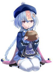 Rule 34 | 1girl, bandaged arm, bandages, black footwear, blue dress, blue hair, blue hat, blue jacket, braid, brown eyes, commentary request, dress, drinking straw, eyebrows hidden by hair, fruit cup, full body, genshin impact, hair between eyes, hands up, hat, highres, holding, jacket, long hair, long sleeves, looking at viewer, natsuki (natukituki), qingdai guanmao, qiqi (genshin impact), shoes, simple background, single braid, solo, thighhighs, very long hair, white background, white thighhighs, wide sleeves