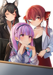 Rule 34 | 3girls, ahoge, animal ear fluff, animal ears, black hair, black jacket, blue hair, blue nails, blunt bangs, blush, braid, breasts, cleavage, closed eyes, collarbone, commentary request, dress, french braid, hair between eyes, hair ornament, hairband, hairclip, highres, hololive, houshou marine, jacket, long hair, looking at viewer, medium breasts, minato aqua, minato aqua (sailor), multicolored hair, multiple girls, nail polish, ookami mio, own hands together, purple eyes, purple hair, red eyes, red hair, sailor dress, sidelocks, simple background, sitting, summer tail720, twin braids, twintails, two-tone hair, virtual youtuber, white background, white jacket, wolf ears, wolf girl