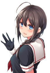 Rule 34 | 1girl, ahoge, black gloves, black hair, black serafuku, blue eyes, braid, commentary request, from behind, gloves, hair over shoulder, kantai collection, long hair, looking at viewer, looking back, neckerchief, red neckerchief, sailor collar, school uniform, serafuku, shigure (kancolle), simple background, solo, upper body, waving, white background, white sailor collar, yammy