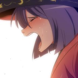Rule 34 | 1girl, amazon (taitaitaira), blush, bowl, bowl hat, crying, closed eyes, from side, hat, japanese clothes, kimono, open mouth, purple hair, short hair, solo, sukuna shinmyoumaru, tears, touhou