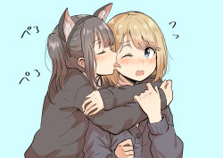 Rule 34 | 2girls, absurdres, animal ears, betock, black sweater, blonde hair, blue background, blue eyes, blush, brown hair, closed eyes, commentary request, eyelashes, fake animal ears, highres, hug, licking, licking another&#039;s cheek, licking another&#039;s face, multiple girls, one eye closed, open mouth, original, short hair, simple background, sweater, swept bangs, tongue, tongue out, yuri