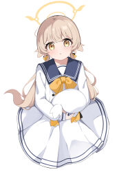 Rule 34 | 1girl, blue archive, blush, dress, halo, hifumi (blue archive), highres, light brown hair, long hair, long sleeves, looking at viewer, low twintails, parted lips, ribbon, simple background, solo, twintails, white background, white dress, yellow eyes, yellow halo, yellow ribbon, yoi0341