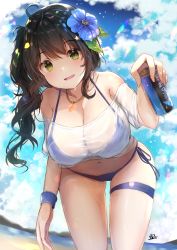 Rule 34 | 1girl, absurdres, ahoge, bare shoulders, bent over, bikini, bikini under clothes, black hair, blue bikini, blue flower, breasts, can, cleavage, cloud, collarbone, cowboy shot, crop top, day, flower, green eyes, hair flower, hair ornament, halterneck, highres, hiromaster sinta jh, holding, jewelry, large breasts, long hair, looking at viewer, navel, necklace, off-shoulder shirt, off shoulder, open mouth, original, outdoors, see-through, shirt, short sleeves, side-tie bikini bottom, side ponytail, sky, smile, solo, standing, stomach, string bikini, sunlight, swimsuit, thigh strap, thighs, wet, white shirt, wristband