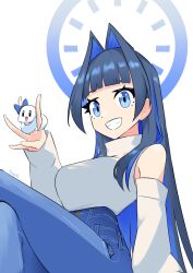 Rule 34 | 1girl, arm at side, black hair, blue bow, blue eyes, blue hair, blue halo, blue pants, blunt bangs, boros (ouro kronii), bow, breasts, colored inner hair, commentary, cowboy shot, creature, crossed legs, denim, detached sleeves, dot nose, english commentary, grin, hair intakes, halo, hand up, high-waist pants, highres, hime cut, holding, holding creature, hololive, hololive english, jeans, kraeyan, large breasts, long hair, long sleeves, looking at viewer, multicolored hair, official alternate costume, official alternate hair length, official alternate hairstyle, ouro kronii, ouro kronii (casual), pants, shirt, sidelocks, simple background, single bare shoulder, sitting, sleeveless, sleeveless shirt, smile, snake, solo, teeth, turtleneck, virtual youtuber, white background, white shirt, white sleeves, white snake