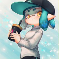 Rule 34 | 1girl, baseball cap, bike shorts, black hat, blue hair, blush, closed mouth, cup, drinking straw, hat, highres, holding, holding cup, inkling, inkling girl, inkling player character, long sleeves, nintendo, orange eyes, pikyuu, pointy ears, short hair, smile, solo, splatoon (series), splatoon 2, suction cups, sweater, tentacle hair, white sweater