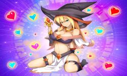 Rule 34 | 1girl, artist request, blonde hair, boots, breasts, character request, full body, green eyes, hat, heart (symbol), highres, kneeling, large breasts, navel, purple background, witch, witch hat, yu-gi-oh!