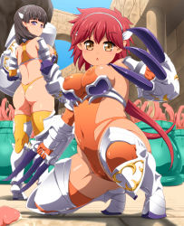 Rule 34 | 2girls, anime coloring, armor, ass, bikini, bikini armor, black hair, breasts, cameltoe, capitan (tsyoujo), claws, cleft of venus, covered erect nipples, covered navel, gauntlets, greaves, highres, holding, holding weapon, huge weapon, kneeling, large breasts, leotard, long hair, looking at viewer, looking back, low twintails, mallet, medium breasts, monster, multiple girls, open mouth, original, purple eyes, red hair, see-through, short hair, sideboob, smile, squatting, standing, structure, suggestive fluid, swimsuit, tentacles, thighhighs, thong, thong bikini, twintails, war hammer, weapon, winged hair ornament, yellow eyes