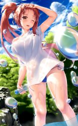 Rule 34 | 1girl, ;d, absurdres, arm up, bikini, bikini bottom only, blue bikini, blue sky, blush, bottle, brown hair, cloud, collarbone, commentary request, covered navel, day, diffraction spikes, dutch angle, etsunami kumita, feet out of frame, fingernails, highres, holding, holding bottle, long hair, looking at viewer, nail polish, no bra, no pants, off shoulder, one eye closed, open mouth, original, outdoors, pink nails, ramune, rock, see-through, shiny skin, shirt, short sleeves, side-tie bikini bottom, side ponytail, skindentation, sky, smile, solo, summer, sweat, swimsuit, thighs, very long hair, wading, water, water drop, wet, wet clothes, white shirt, wind