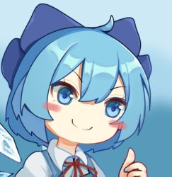 Rule 34 | 1girl, blue background, blue bow, blue eyes, blue hair, blush, bow, cirno, closed mouth, collared shirt, detached wings, gradient background, hair between eyes, hair bow, ice, ice wings, looking at viewer, lowres, neck ribbon, red ribbon, ribbon, shilaimu cankuai, shirt, short hair, simple background, smile, solo, thumbs up, touhou, v-shaped eyebrows, white shirt, wings
