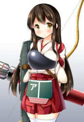 Rule 34 | 10s, 1girl, akagi (kancolle), arrow (projectile), bow (weapon), breasts, brown eyes, brown hair, commentary, female focus, flight deck, hakama, hakama short skirt, hakama skirt, japanese clothes, kantai collection, large breasts, long hair, looking at viewer, muneate, quiver, skirt, smile, solo, thighhighs, weapon, white thighhighs, yuuki hb, zettai ryouiki