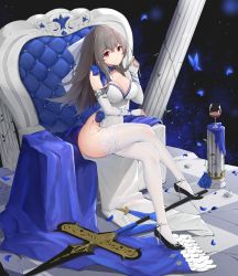 Rule 34 | 1girl, absurdres, azur lane, bare shoulders, black footwear, blue bow, blue scarf, bow, breasts, cleavage, cross, cross earrings, cup, dress, drinking glass, earrings, elbow gloves, evening gown, fingerless gloves, full body, gloves, grey hair, high heels, highres, jewelry, kafeifeifeifeifeifei jiemo jun, large breasts, long hair, looking at viewer, mole, mole under eye, polearm, red eyes, red wine, saint-louis (azur lane), saint-louis (holy knight&#039;s resplendence) (azur lane), scarf, sleeveless, sleeveless dress, solo, spear, thighhighs, throne, weapon, white dress, white thighhighs, wine, wine glass