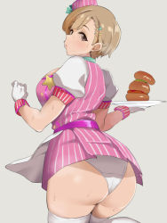 Rule 34 | 1girl, apron, ass, becky-4545, breasts, brown eyes, brown hair, burger, commentary request, dress, employee uniform, fast food uniform, food, from behind, fukuda noriko, gloves, grey background, hair ornament, hairclip, hands up, hat, highres, holding, holding plate, idolmaster, idolmaster million live!, idolmaster million live! theater days, large breasts, looking at viewer, looking back, panties, pantyshot, parted lips, pink dress, pink hat, plate, plump, puffy short sleeves, puffy sleeves, short dress, short hair, short sleeves, simple background, solo, standing, striped clothes, striped dress, sweat, thighhighs, underwear, uniform, upskirt, waist apron, white apron, white gloves, white panties, white sleeves, white thighhighs