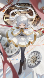 Rule 34 | 1girl, absurdres, arms behind back, black pantyhose, boots, brown footwear, cape, capelet, clock, closed eyes, closed mouth, frieren, full body, hidulume, highres, long hair, pantyhose, pointy ears, short eyebrows, sidelocks, smile, solo, sousou no frieren, thick eyebrows, twintails, white cape, white hair