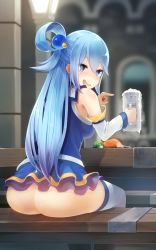 Rule 34 | 1girl, alcohol, aqua (konosuba), artist request, ass, bare shoulders, beer, blue eyes, blue hair, blurry, blurry background, bottomless, breasts, female focus, highres, indoors, kono subarashii sekai ni shukufuku wo!, long hair, looking at viewer, looking back, medium breasts, open mouth, shiny skin, skirt, solo, thighhighs, white thighhighs