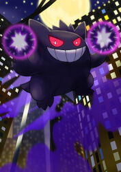 Rule 34 | absurdres, animal focus, artist request, city, creatures (company), energy ball, full moon, game freak, gen 1 pokemon, gengar, glowing, glowing eyes, grin, highres, looking at viewer, moon, neon lights, night, night sky, nintendo, pokemon, pokemon (creature), shadow ball (pokemon), sky, smile, tail