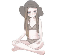 Rule 34 | 1girl, barefoot, brown hair, flat chest, frown, full body, grey eyes, hat, highres, indian style, long hair, mocha (snowflake), navel, original, short shorts, shorts, simple background, sitting, solo, toes, white background
