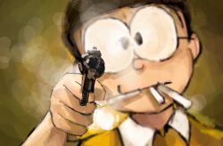 Rule 34 | 1boy, aiming, aiming at viewer, black hair, blurry, depth of field, doraemon, glasses, gun, handgun, highres, looking at viewer, mochizuki tagosaku, nobi nobita, number girl, parody, photo-referenced, polo shirt, revolver, shirt, shutoku mukai, smoke, smoking, solo, weapon, weapon focus, yellow shirt