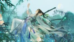 Rule 34 | 1girl, absurdres, arm behind head, bamboo, black hair, blue sky, brown hair, cup, dress, earrings, from side, highres, holding, holding cup, jewelry, lantern, leaning back, leg up, light, ling qingzhu (wu dong qian kun), moon, mountain, ponytail, rooftop, second-party source, sky, solo, white dress, wu dong qian kun, zacao tong