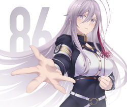 Rule 34 | 1girl, 86 -eightysix-, absurdres, arturaxia, belt, breasts, buttons, copyright name, floating hair, flower, grey eyes, hair between eyes, highres, holding, holding flower, jacket, long hair, looking at viewer, medium breasts, military, military jacket, military rank insignia, military uniform, multicolored hair, no headwear, o-ring, o-ring belt, open hand, outstretched arm, parted lips, red flower, red hair, silver hair, solo, streaked hair, uniform, upper body, very long hair, vladilena millize