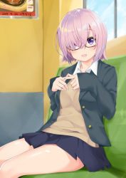 Rule 34 | 1girl, alternate costume, bad id, bad pixiv id, black skirt, blue sky, blush, buttons, cloud, day, eyebrows, eyes visible through hair, fate/grand order, fate (series), hair over one eye, long sleeves, looking at viewer, mash kyrielight, mokyutan, open mouth, pink eyes, pink hair, pleated skirt, short hair, sitting, skirt, sky, solo, window
