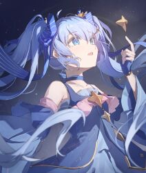 Rule 34 | 1girl, bare shoulders, blue dress, blue eyes, blue gloves, blue hair, blue ribbon, commentary, detached sleeves, dress, fingerless gloves, gloves, hair ribbon, hand up, hatsune miku, highres, kafuuchino (chouti), long hair, looking up, night, night sky, open mouth, ribbon, sky, smile, solo, star (sky), starry sky, symbol-only commentary, twintails, upper body, vocaloid, yuki miku, yuki miku (2017)