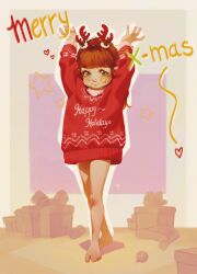 Rule 34 | 1girl, 2022, 20s, absurdres, alkemanubis, antlers, barefoot, blush, christmas, christmas ornaments, clothes writing, fake antlers, gift, green eyes, hat, heart, highres, horns, long hair, long sleeves, looking at viewer, merry christmas, mistletoe, oversized clothes, print sweater, red hair, red sweater, santa hat, smile, snowflake print, standing, star (symbol), star on cheek, sticker, sticker on face, sweater, unworn hat, unworn headwear