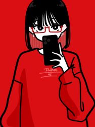 Rule 34 | 1girl, black eyes, black hair, commentary, daikei 625, earrings, glasses, hand up, highres, holding, holding phone, hoop earrings, jewelry, long sleeves, looking at viewer, multicolored hair, original, phone, red-framed eyewear, red background, red hair, semi-rimless eyewear, shirt, short hair, simple background, solo, swept bangs, symbol-only commentary, taking picture, two-tone hair, under-rim eyewear, upper body
