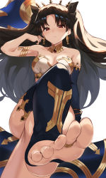 Rule 34 | 1girl, armlet, asymmetrical legwear, asymmetrical sleeves, bare shoulders, bikini, bikini top only, black bow, black hair, blush, bow, breasts, cleavage, closed mouth, crossed legs, detached collar, detached sleeves, earrings, fate/grand order, fate (series), feet, foot focus, hair bow, heavenly boat maanna, highres, hoop earrings, ishtar (fate), jewelry, legs, long hair, looking at viewer, medium breasts, neck ring, parted bangs, red eyes, seon (seonon ), simple background, single detached sleeve, single thighhigh, sitting, smile, soles, solo, swimsuit, thighhighs, tiara, toe ring, toeless legwear, toes, two side up, uneven legwear, uneven sleeves, weapon, white background, white bikini