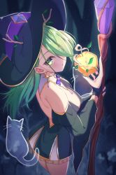Rule 34 | 1girl, absurdres, alternate costume, antlers, apple, backless dress, backless outfit, ceres fauna, dress, earrings, food, from above, from behind, fruit, golden apple, green hair, hair over one eye, hat, highres, hololive, hololive english, horns, jewelry, leaf, long hair, looking at viewer, looking back, mole, mole under eye, parted lips, rooby n, solo, staff, virtual youtuber, witch, witch hat, yellow eyes