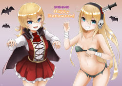 Rule 34 | 2girls, abercrombie (azur lane), albacore (azur lane), alternate costume, azur lane, bat (animal), blonde hair, blue eyes, breasts, cape, collarbone, english text, fang, grin, halloween, halloween costume, headband, highres, knife in head, long hair, looking at viewer, medium hair, multiple girls, navel, object through head, open mouth, simple background, small breasts, smile, tosaka0002
