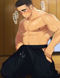 Rule 34 | 1boy, abs, bara, black hair, blush, closed mouth, clothed masturbation, clothing cutout, collarbone, commentary request, dojo, frown, hakama, hakama pants, highres, japanese clothes, kneeling, large pectorals, male focus, male masturbation, masturbation, muscular, muscular male, nipples, original, pants, pectorals, sarukichi 6401, short hair, solo, steaming body, sweat, thick eyebrows, thigh cutout, topless male, very sweaty