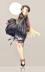 Rule 34 | 1girl, abigail williams (fate), black bow, black dress, black ribbon, blonde hair, blue eyes, bow, closed mouth, dress, dress bow, dress shoes, fate/grand order, fate (series), footwear bow, frilled dress, frilled legwear, frilled sleeves, frills, full body, gothic lolita, grey background, hair bow, hands in opposite sleeves, hat, highres, holding, holding toy, lolita fashion, long hair, long sleeves, looking at viewer, multiple hair bows, orange bow, reflective floor, ribbon, shoes, simple background, solo, stuffed animal, stuffed toy, teddy bear, too many bows, toy, u 5ham0