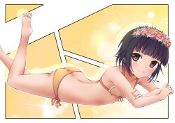 Rule 34 | 1girl, :3, absurdres, ass, back, barefoot, bikini, black hair, blunt bangs, blurry, blush, bokeh, breasts, brown eyes, butt crack, circle, closed mouth, collarbone, depth of field, drop shadow, eu (tounaeu2517), flat chest, flower, foot out of frame, front-tie bikini top, front-tie top, head wreath, highres, lens flare, looking at viewer, looking to the side, lying, midriff, multicolored background, on ground, on stomach, orange flower, pink flower, red flower, short hair, side-tie bikini bottom, small breasts, smile, solo, sparkle, split mouth, swimsuit, toaru kagaku no railgun, toaru majutsu no index, uiharu kazari, underboob, yellow background, yellow bikini