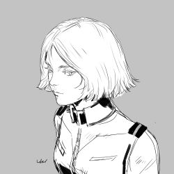 Rule 34 | 1girl, breasts, closed mouth, greyscale, gundam, highres, looking at viewer, military, military uniform, mobile suit gundam, monochrome, sayla mass, short hair, simple background, solo, umeno ryuuji, uniform