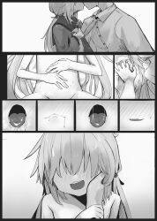 Rule 34 | 1boy, 1girl, admiral (kancolle), drooling, hair over eyes, hetero, highres, kantai collection, kiss, logiclr, long hair, monochrome, navel, necktie, necktie grab, neckwear grab, nude, open mouth, satsuki (kancolle), simple background, tongue, tongue out, twintails