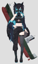Rule 34 | 1girl, absurdres, asymmetrical clothes, bare shoulders, battleship, black footwear, black hair, black pants, blue eyes, blue hair, blue nails, boots, breasts, character name, colored inner hair, covered mouth, fingernails, full body, gas mask, grey background, grey thighhighs, haiz (vtuber), highres, hip vent, horns, large breasts, lizard tail, long hair, looking at viewer, mask, military, military vehicle, monstar (company), multicolored hair, nail polish, pants, ship, simple background, single pantsleg, slit pupils, smile, solo, tail, thighhighs, two-tone hair, underboob, virtual youtuber, warship, watercraft, whitem (whiteemperor2020)