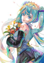 Rule 34 | artist name, bad id, bad twitter id, blue hair, bouquet, crown, detached sleeves, flower, hatsune miku, highres, lips, long hair, necktie, parted lips, ponn mame, skirt, twintails, twitter username, very long hair, vocaloid