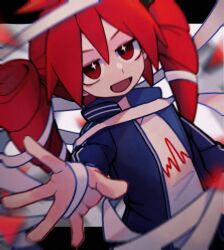Rule 34 | 1girl, bandages, black jacket, commentary request, drill hair, eyebrows hidden by hair, film grain, jacket, kasane teto, long sleeves, luodi liangdiao, open clothes, open jacket, open mouth, red eyes, red hair, shirt, smile, solo, synthesizer v, twin drills, ultra trailer (synthesizer v), upper body, utau, white shirt