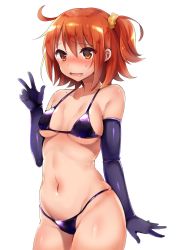 Rule 34 | 1girl, absurdres, ahoge, alternate costume, bikini, blush, breasts, collarbone, cowboy shot, elbow gloves, fate/grand order, fate (series), fujimaru ritsuka (female), gloves, groin, hair ornament, hair scrunchie, highres, looking at viewer, medium breasts, navel, orange eyes, orange hair, parted lips, scrunchie, shiny clothes, shiny skin, short hair, side ponytail, simple background, solo, sweat, swimsuit, tomo (ryo i so ), v, white background