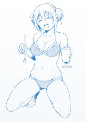 Rule 34 | 1girl, :d, bare arms, bare legs, bare shoulders, barefoot, bikini, blend s, blue theme, bra, breasts, cleavage, closed eyes, double bun, facing viewer, food, hair between eyes, hair bun, hinata kaho, holding, ice cream, ice cream spoon, kneeling, kouda tomohiro, large breasts, legs apart, monochrome, navel, open mouth, panties, shaved ice, simple background, smile, solo, spoon, swimsuit, toenails, twitter username, underwear, underwear only, white background