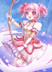 Rule 34 | 1girl, bow (weapon), gloves, heiwa vt, highres, kaname madoka, looking at viewer, mahou shoujo madoka magica, open mouth, pink eyes, pink hair, puffy short sleeves, puffy sleeves, short sleeves, short twintails, solo, twintails, weapon, white gloves