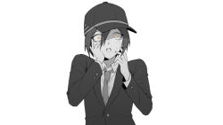 Rule 34 | 1boy, blush, collared shirt, commentary request, danganronpa (series), danganronpa v3: killing harmony, ewa (seraphhuiyu), formal, greyscale, hair between eyes, hand on own face, hat, highres, jacket, long sleeves, looking at viewer, male focus, monochrome, necktie, official alternate costume, open mouth, saihara shuichi, shaded face, shirt, simple background, solo, spot color, star (symbol), star print, sweatdrop, teeth, upper body, upper teeth only, white background, yellow eyes